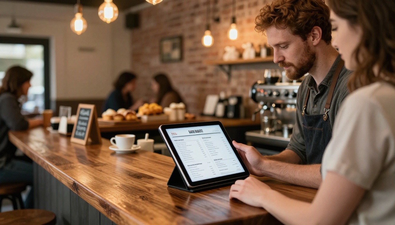 Coffee shop owner showing digital menu on tablet to customer Coffee shop owner showing digital menu on tablet to customer