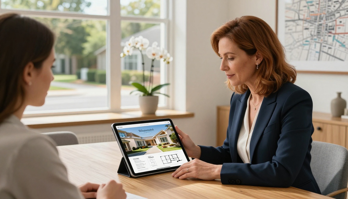 Real estate agent presenting property brochure as interactive flipbook Real estate agent presenting property brochure as interactive flipbook