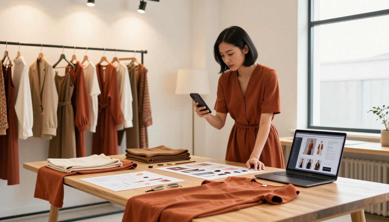 Fashion boutique owner creating digital lookbook Fashion boutique owner creating digital lookbook