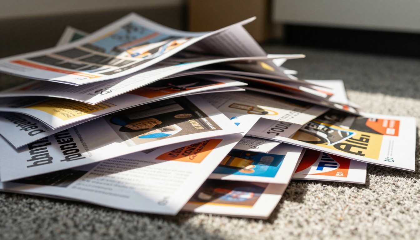 Overflowing wastebasket full of discarded marketing brochures and flyers at an office event