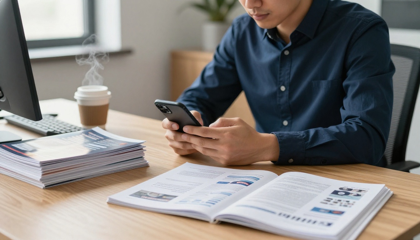 Man at desk ignoring a stack of printed brochures while scrolling on his smartphone