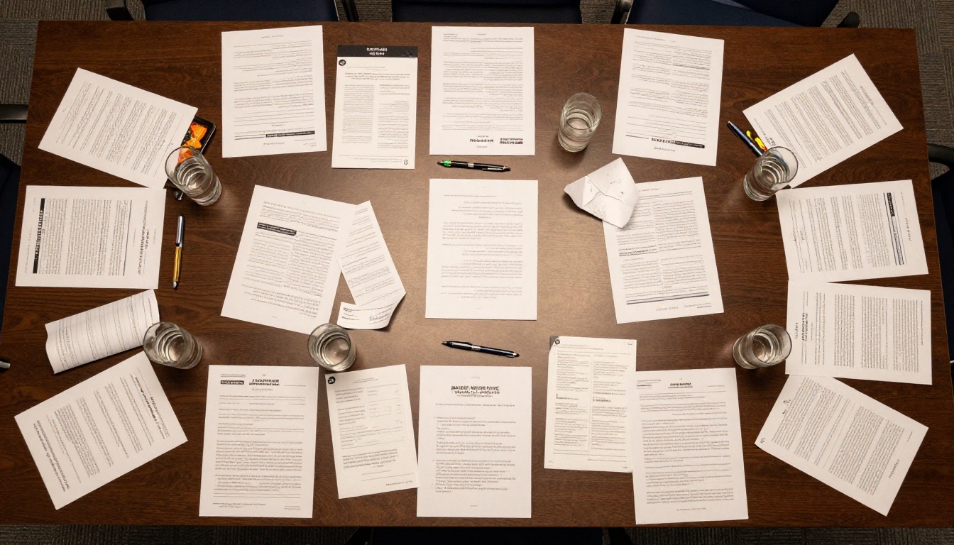 Aerial overhead view of a conference table scattered with discarded printed handouts and brochures