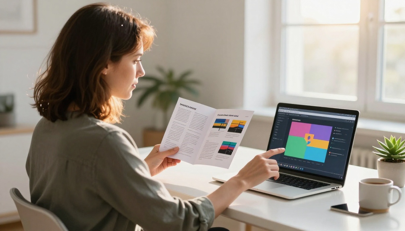 Woman comparing a printed brochure to an interactive digital document on her laptop screen