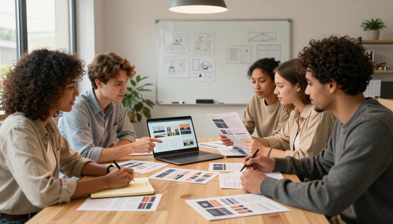 Team reviewing printed vs digital materials in small business office Team reviewing printed vs digital materials in small business office