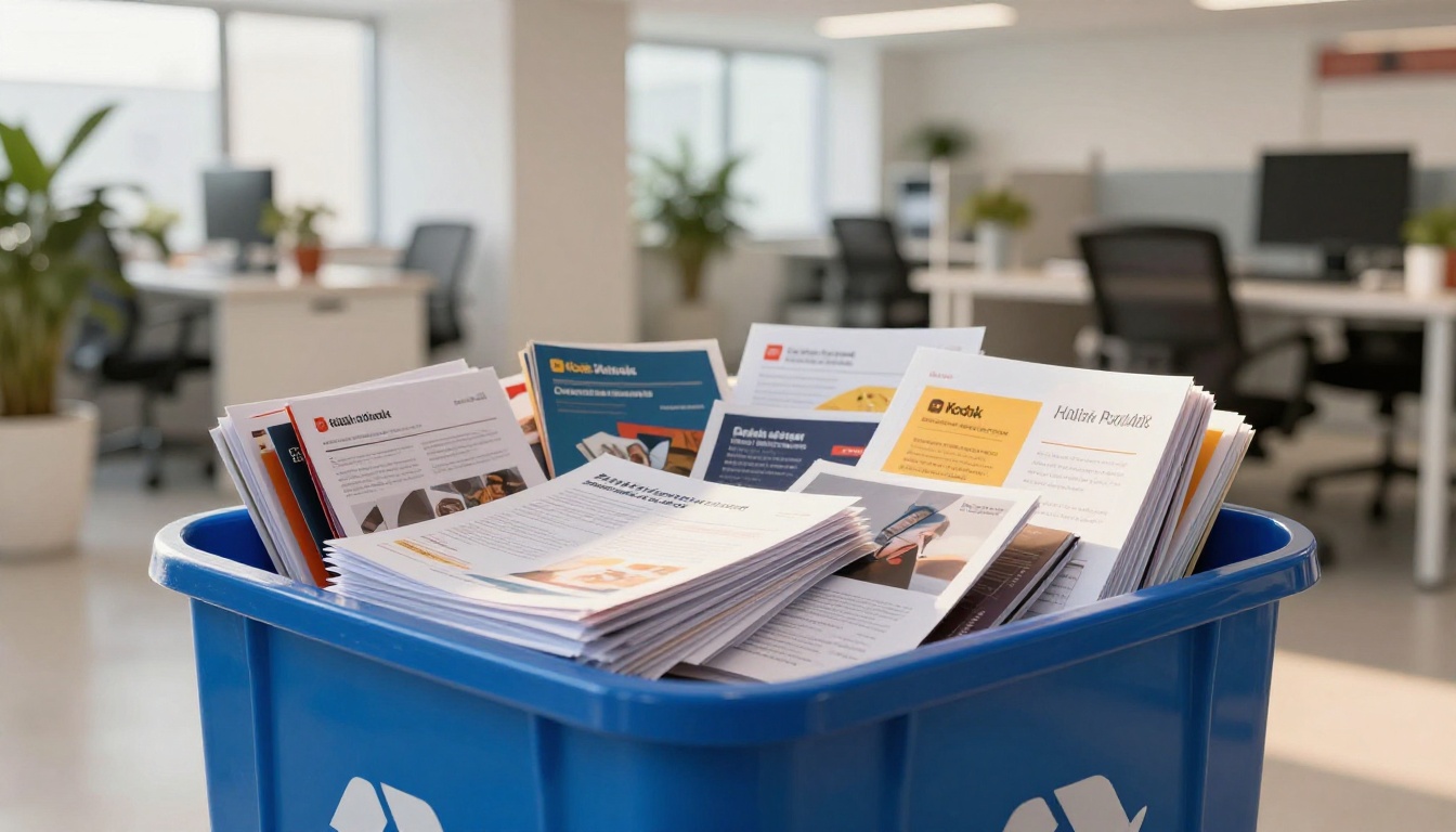 Office recycling bin filled with discarded printed marketing brochures and flyers