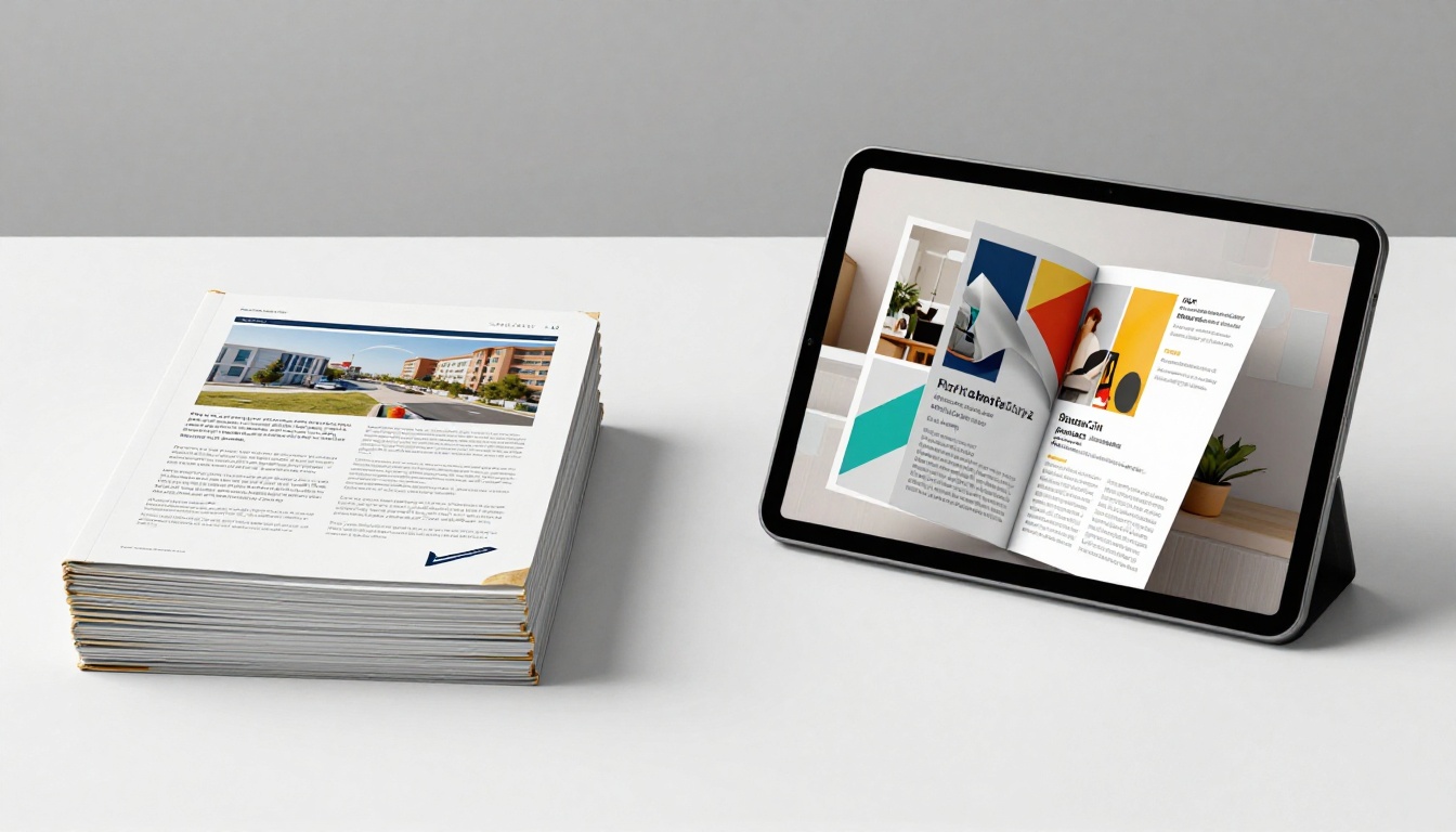 Side-by-side comparison of a printed brochure stack versus a tablet displaying a vivid digital flipbook