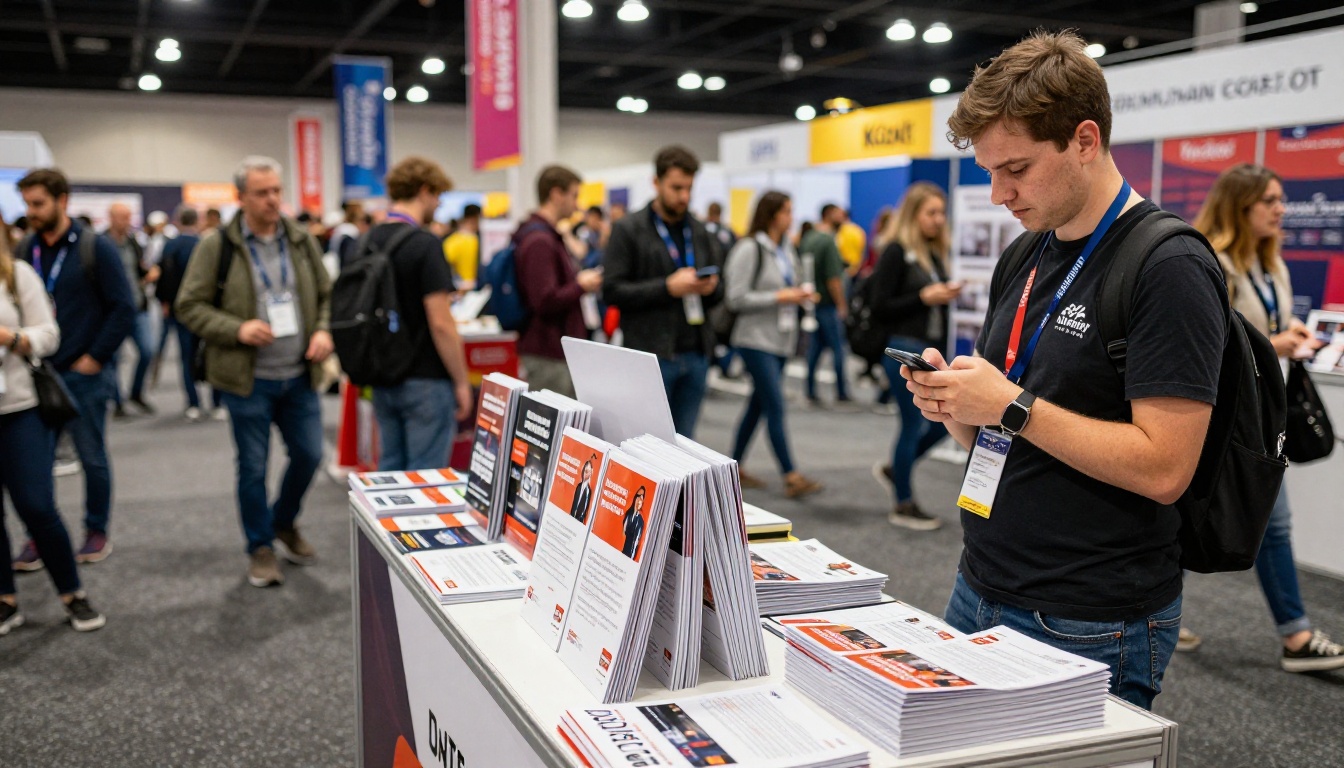 Trade show booth with an untouched stack of printed brochures as attendees walk past with their phones