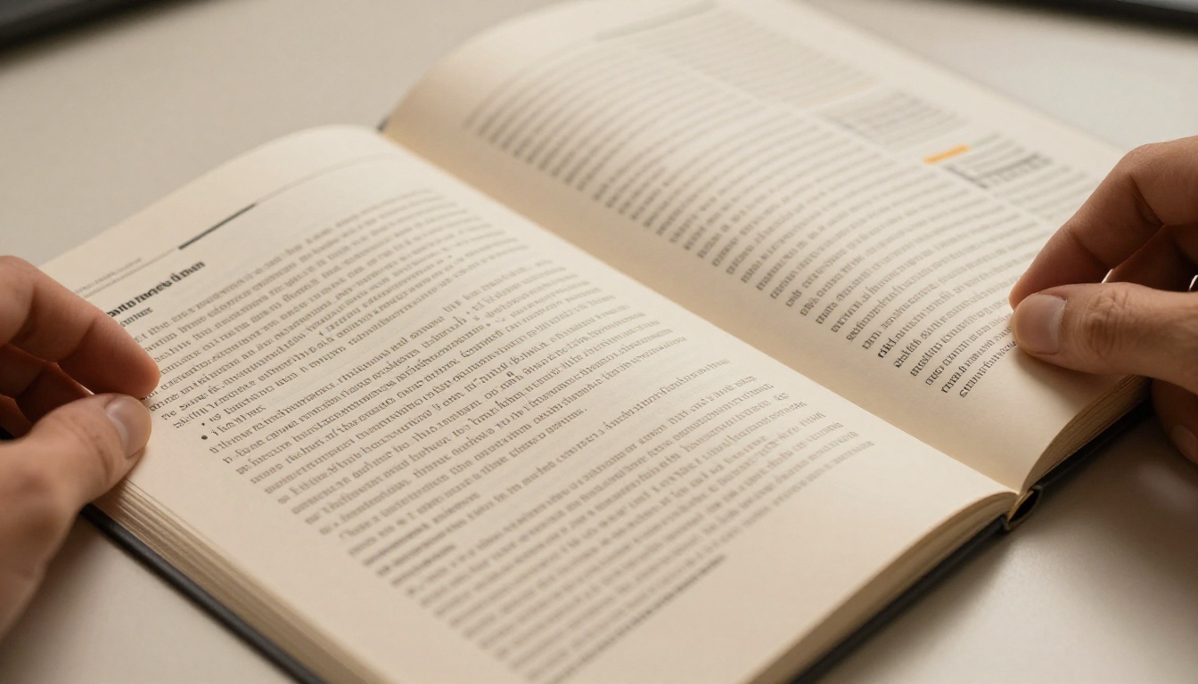 Close-up of a densely printed marketing brochure with overwhelming text and a reader's reluctant hand