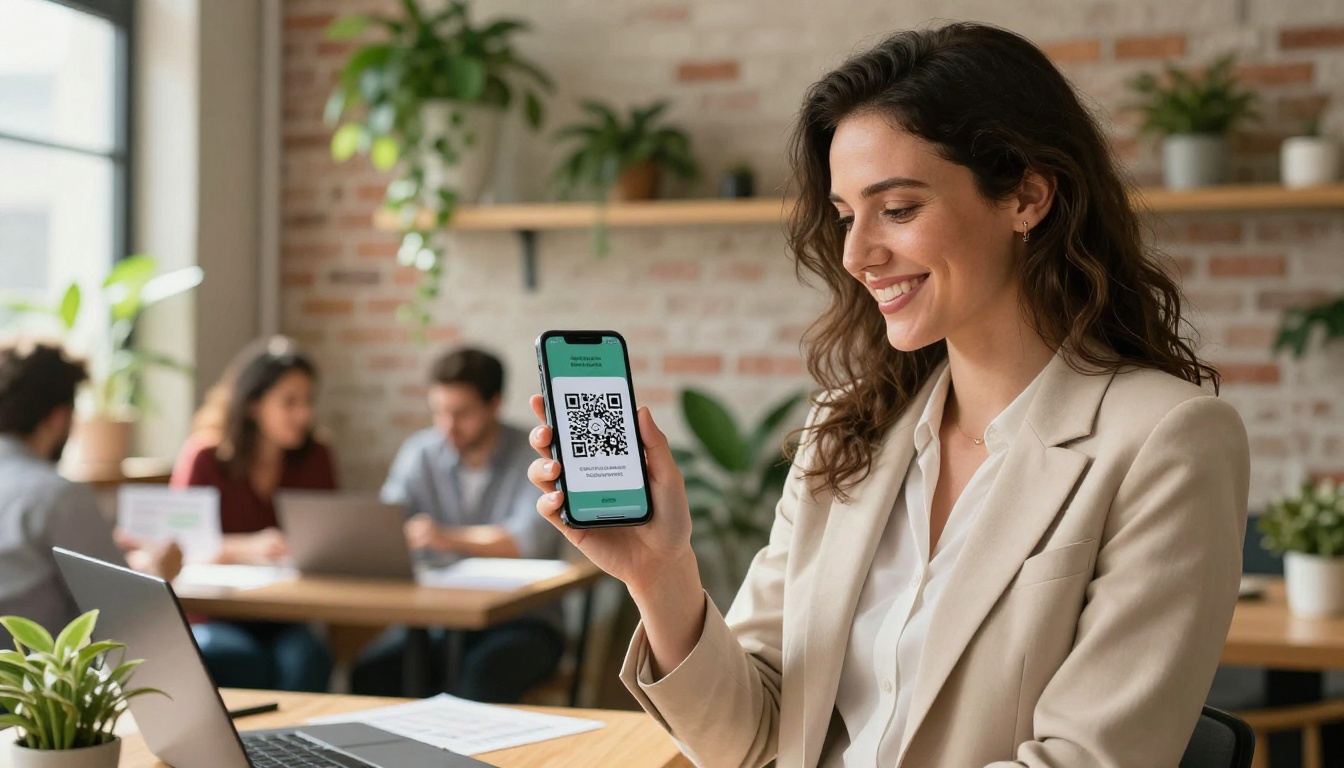 Businesswoman sharing a QR code on her phone with a colleague instead of a printed flyer