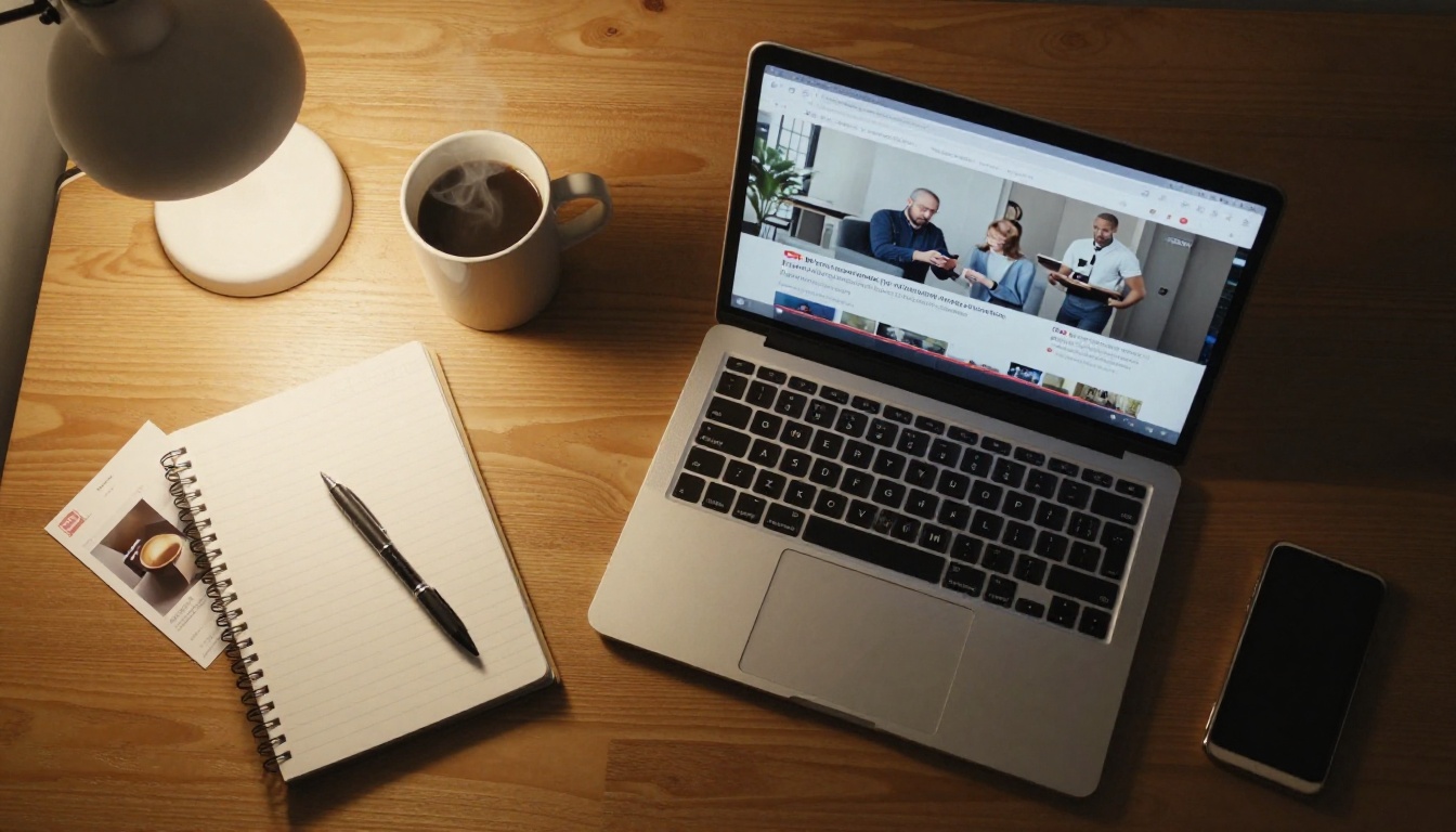 Aerial overhead view of a wooden desk with a laptop showing a YouTube product video paused, spiral notepad and coffee mug nearby