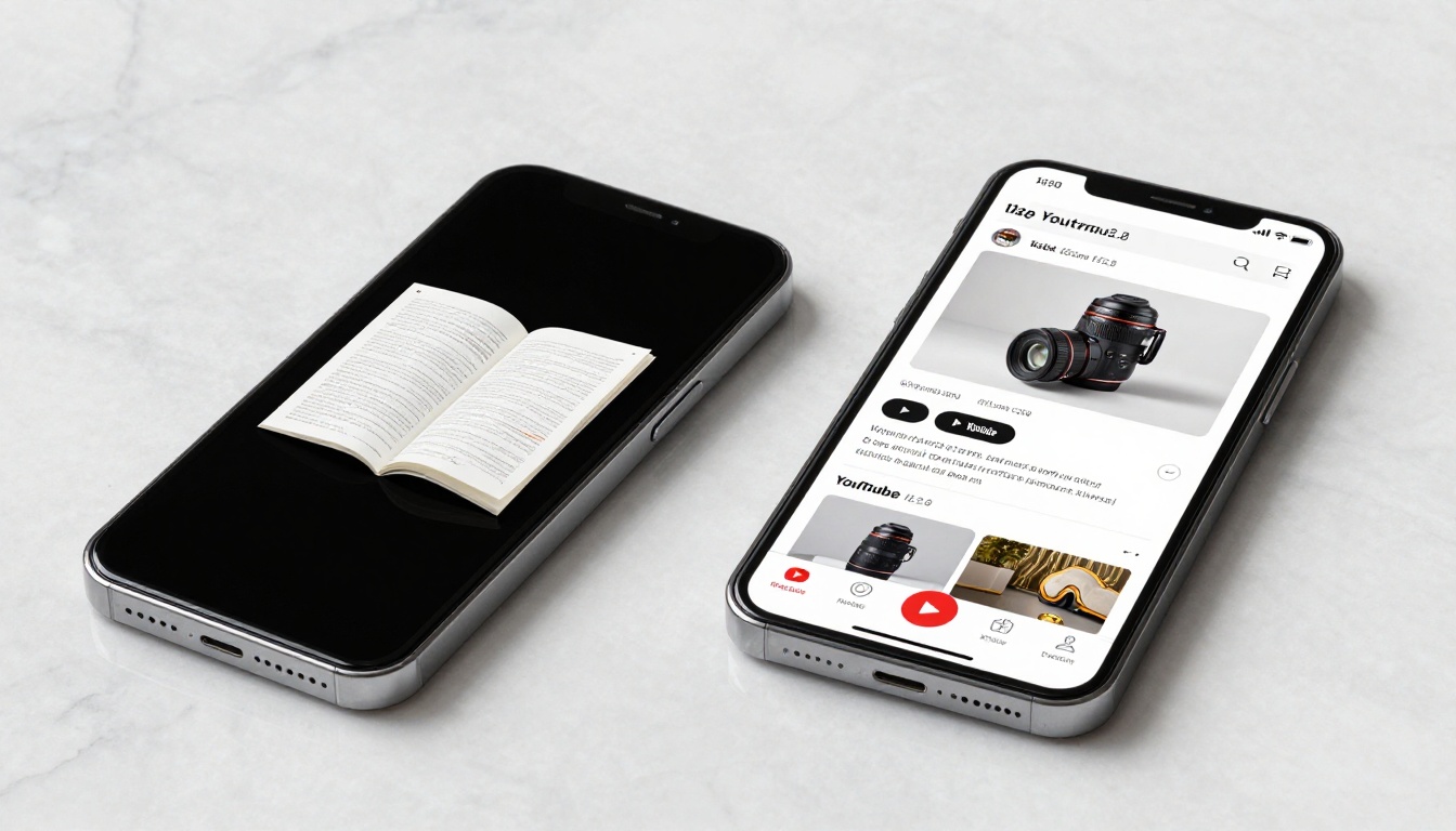 Two smartphones side by side on white marble, one showing a digital flipbook page-flip, one showing a YouTube video player
