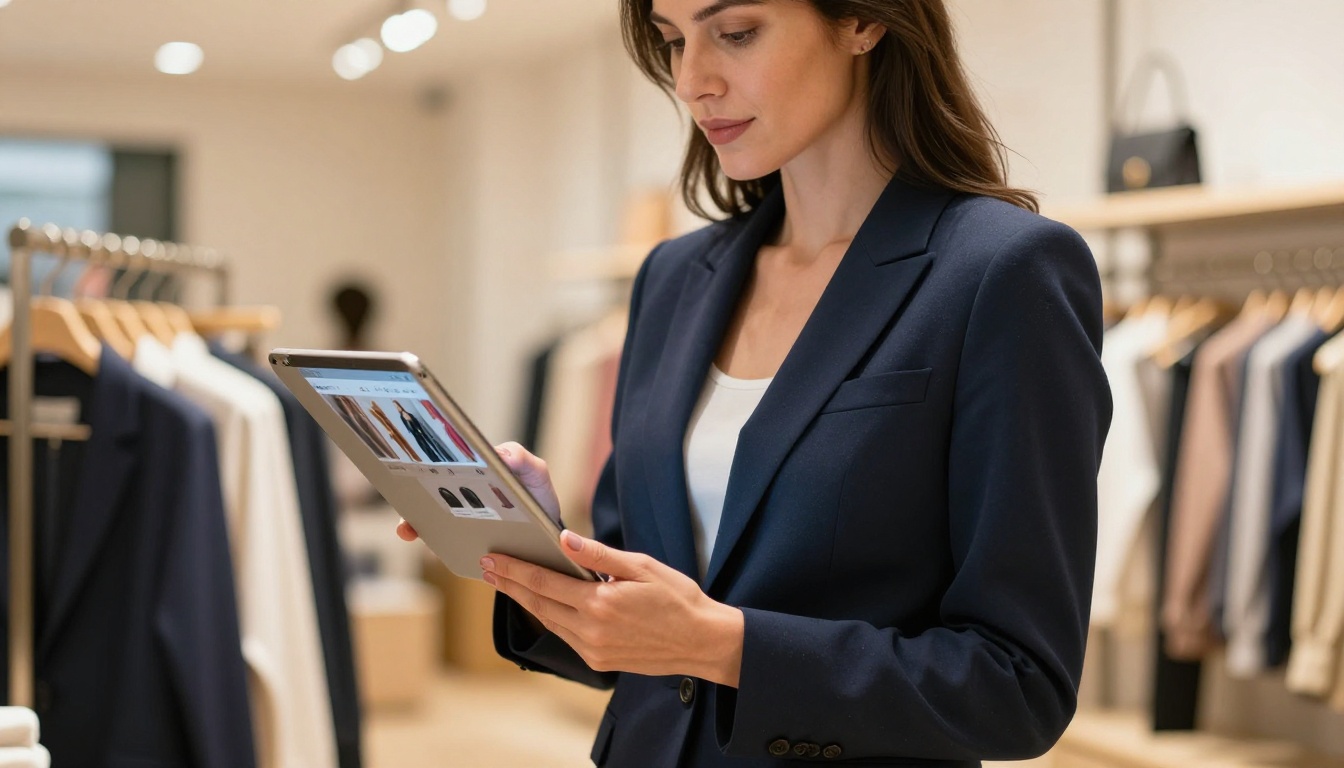 Elegant female retail buyer inside a boutique clothing store, holding a tablet displaying a luxury digital product catalog, warm recessed store lighting