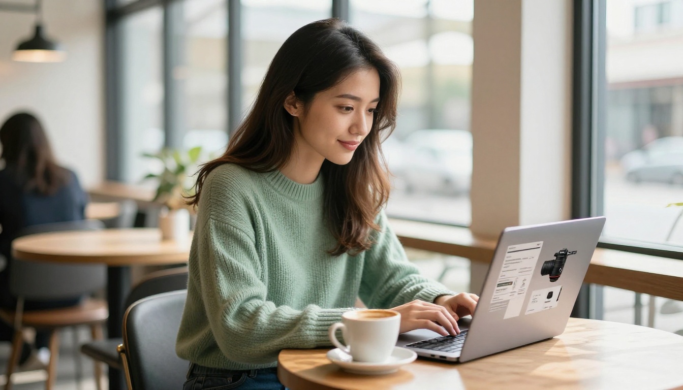 Young female entrepreneur at a round café table working on a laptop showing a product flipbook, bright diffused daylight from café windows Young female entrepreneur at a round café table working on a laptop showing a product flipbook, bright diffused daylight from café windows