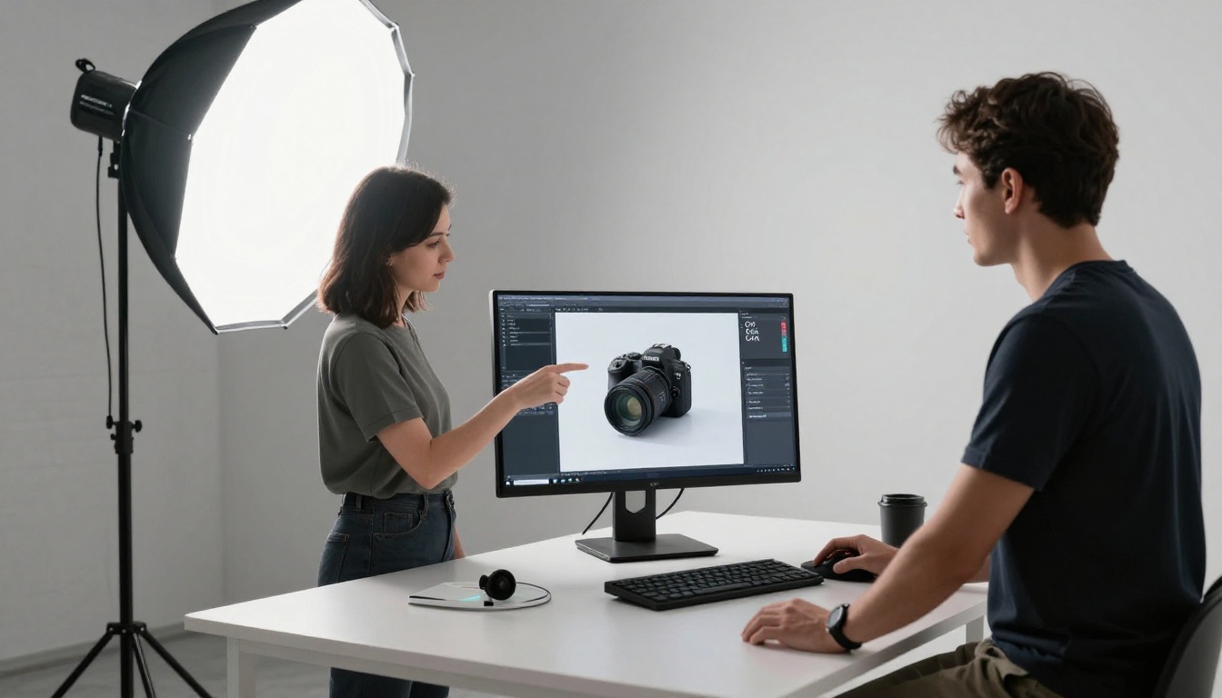 Male product photographer and female marketing manager in a professional studio reviewing product images on a large calibrated studio monitor Male product photographer and female marketing manager in a professional studio reviewing product images on a large calibrated studio monitor