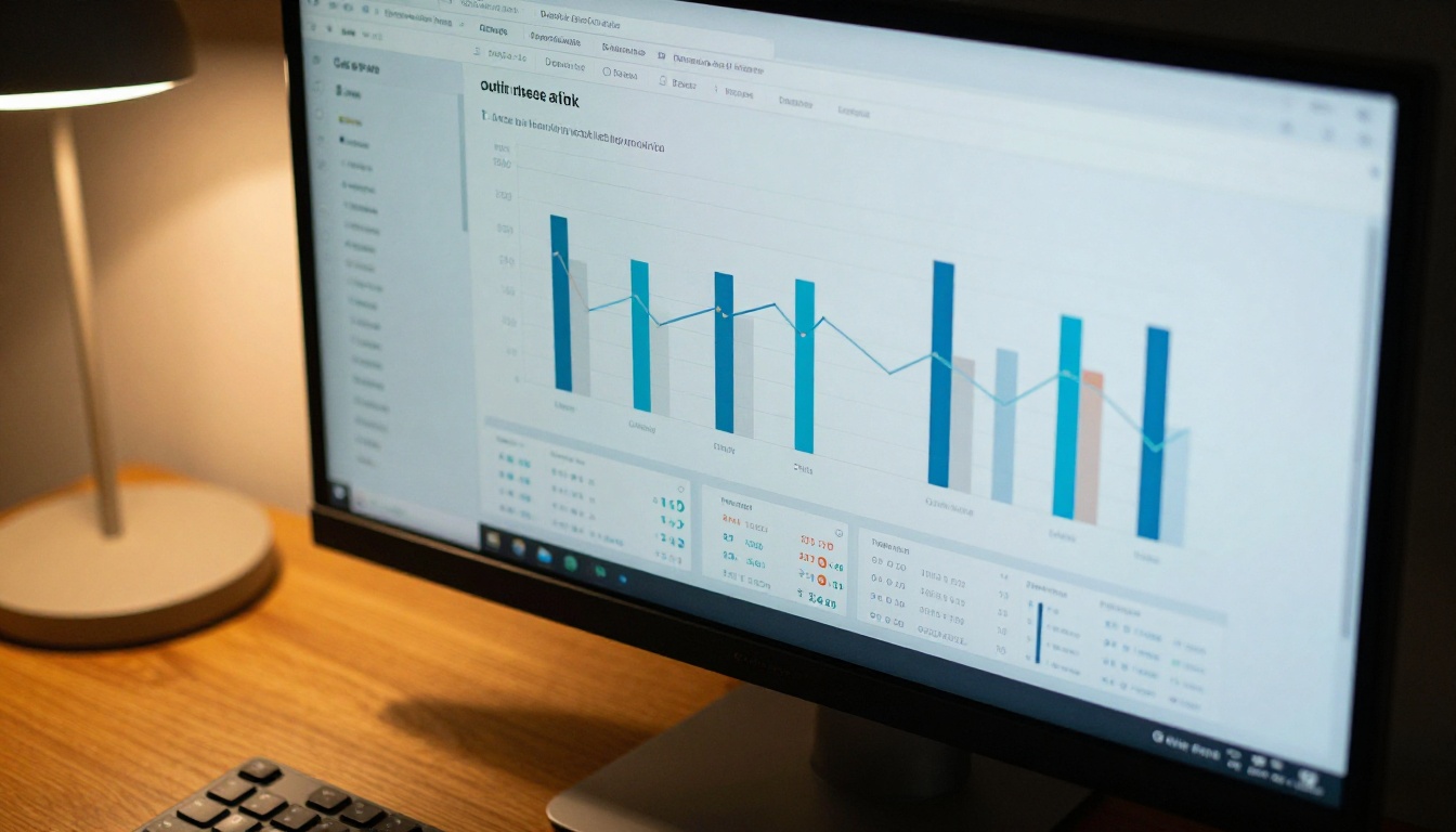 Close-up of a modern monitor in a home office showing an analytics dashboard with bar charts and engagement graphs, warm desk lamp light Close-up of a modern monitor in a home office showing an analytics dashboard with bar charts and engagement graphs, warm desk lamp light