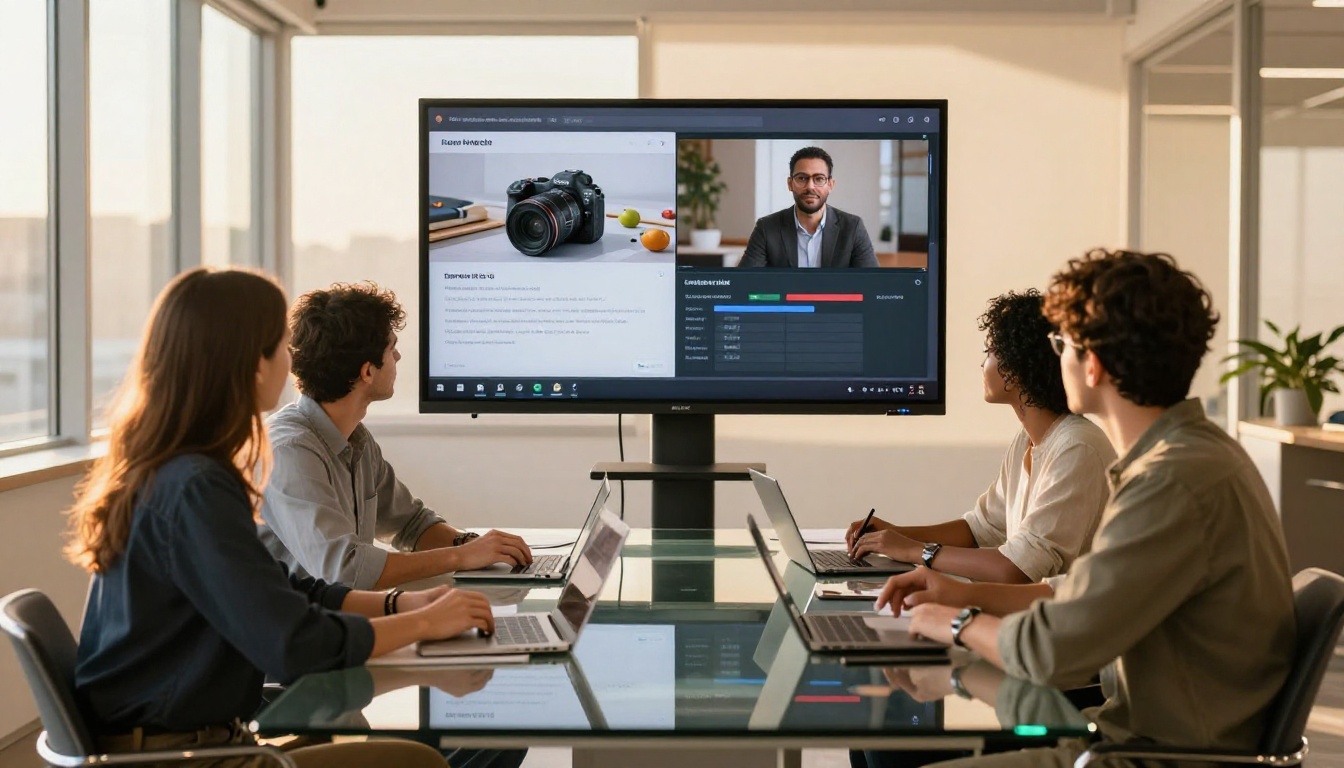 Marketing team in a contemporary conference room gathered around a wall-mounted screen showing a flipbook and video format comparison Marketing team in a contemporary conference room gathered around a wall-mounted screen showing a flipbook and video format comparison