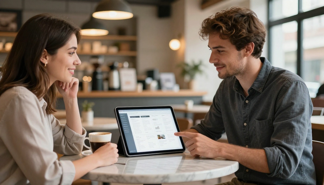 A graphic designer showing his portfolio on a tablet to a client over coffee in a modern cafe A graphic designer showing his portfolio on a tablet to a client over coffee in a modern cafe