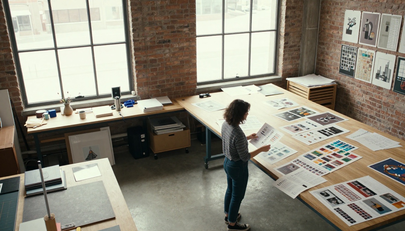 A freelance illustrator reviewing a printed portfolio booklet in her studio loft A freelance illustrator reviewing a printed portfolio booklet in her studio loft