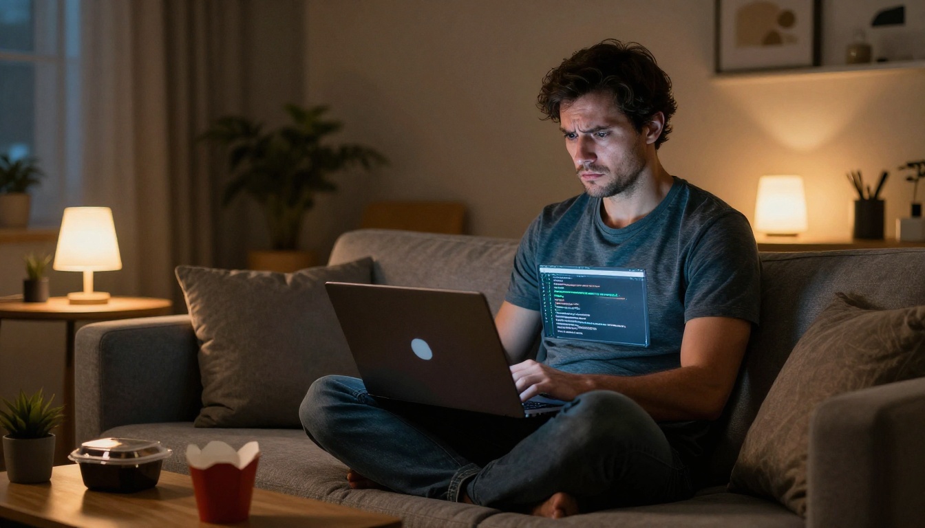A frustrated developer working late at night on website maintenance issues A frustrated developer working late at night on website maintenance issues