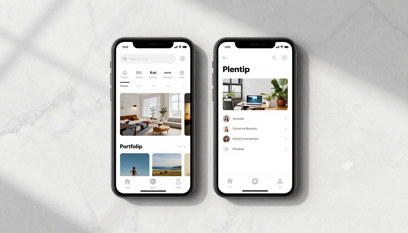 Two smartphones side by side comparing a cluttered portfolio website against a clean elegant digital flipbook Two smartphones side by side comparing a cluttered portfolio website against a clean elegant digital flipbook