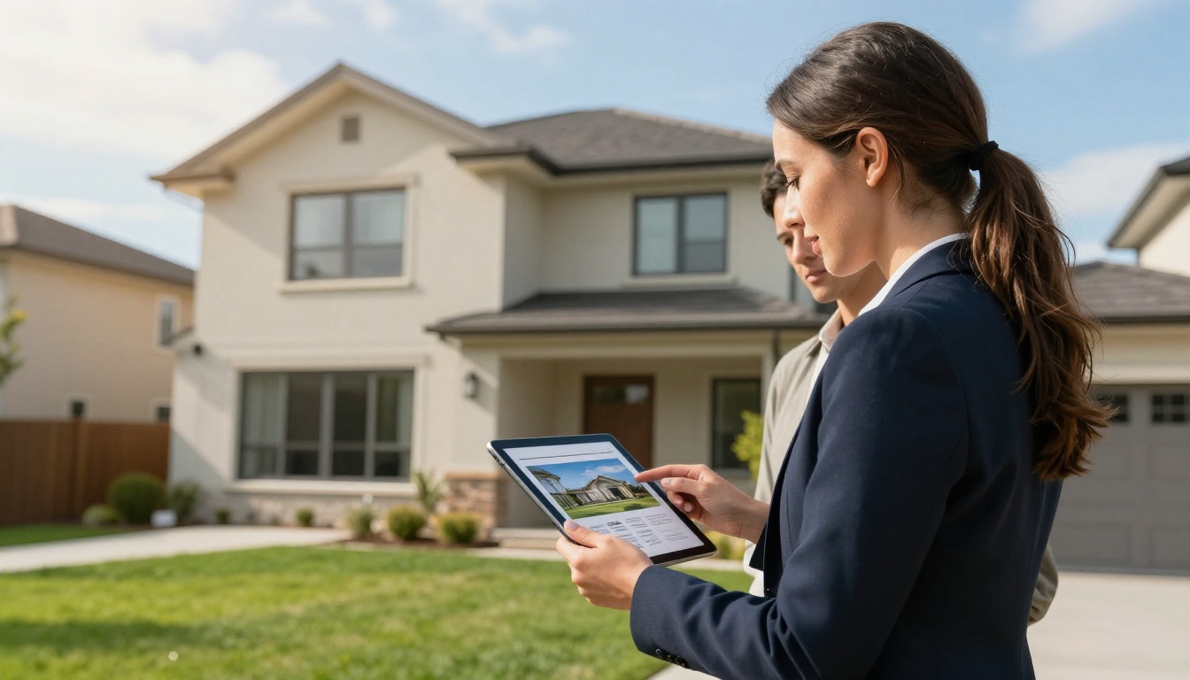 A female real estate agent showing a digital property brochure flipbook on a tablet to clients outside a home