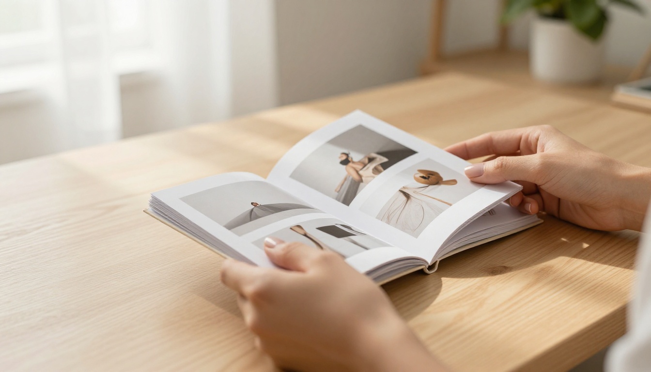 Close-up of elegant hands holding an open printed portfolio booklet with photography work on a wooden table