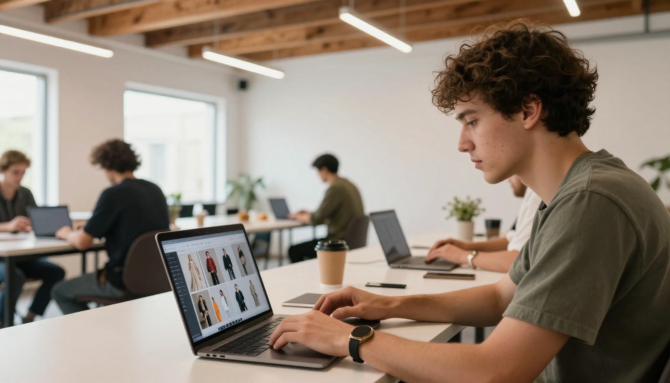 A fashion designer uploading images to a digital flipbook platform in a co-working space
