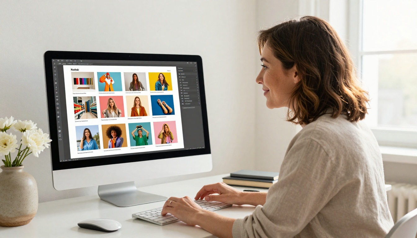 A confident creative director smiling while reviewing a digital flipbook portfolio on a large monitor