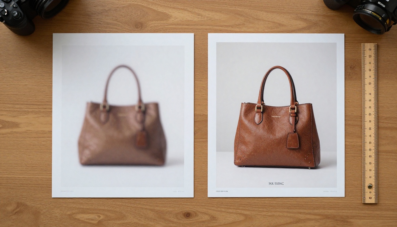 A flat-lay overhead shot comparing a blurry low-resolution screenshot of a product next to a crisp professional catalog page