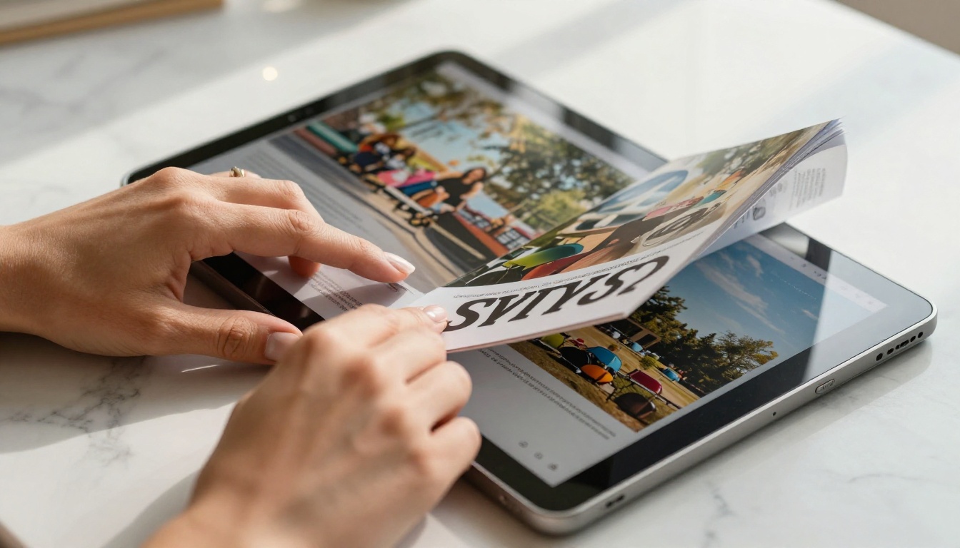 Hands turning the page of a digital flipbook on an iPad, page-curl animation captured mid-flip Hands turning the page of a digital flipbook on an iPad, page-curl animation captured mid-flip