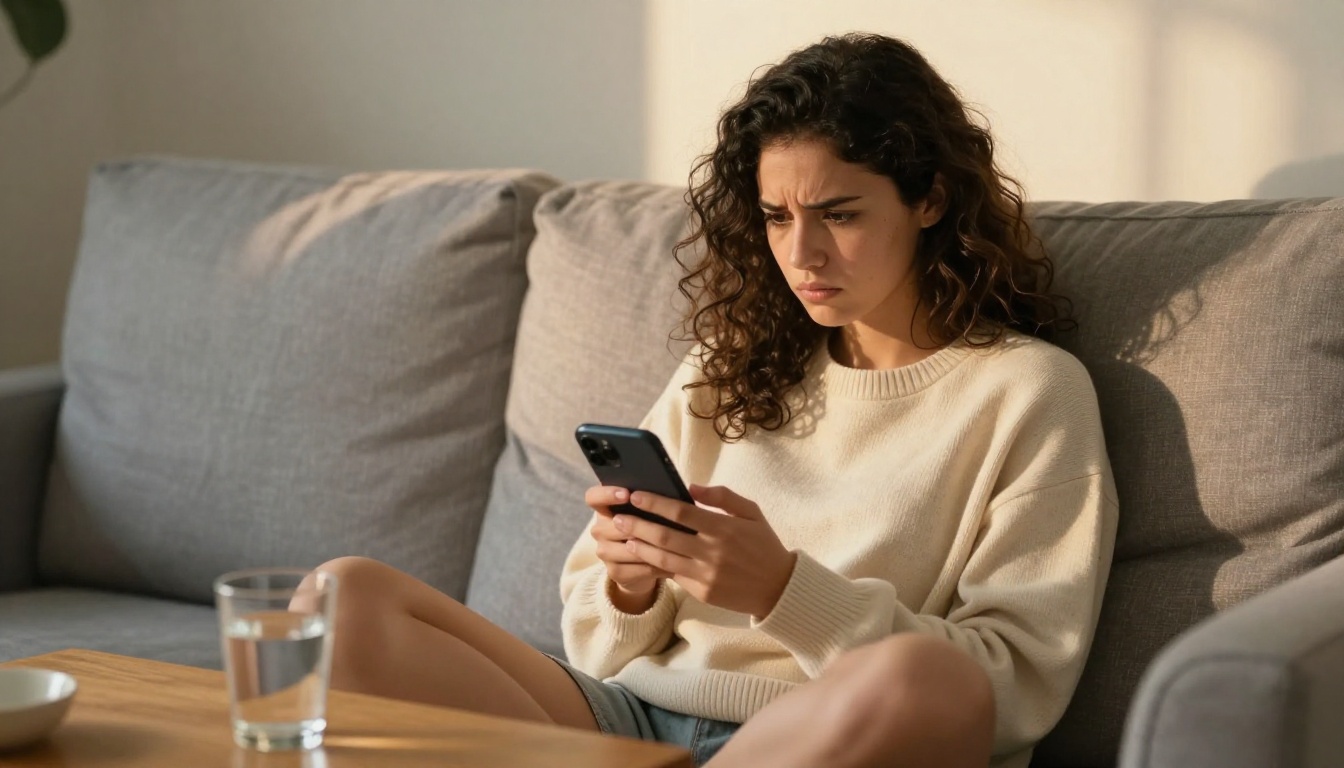 A young woman with curly hair sitting on a sofa looking confused while scrolling through a dense product screenshot thread on her phone