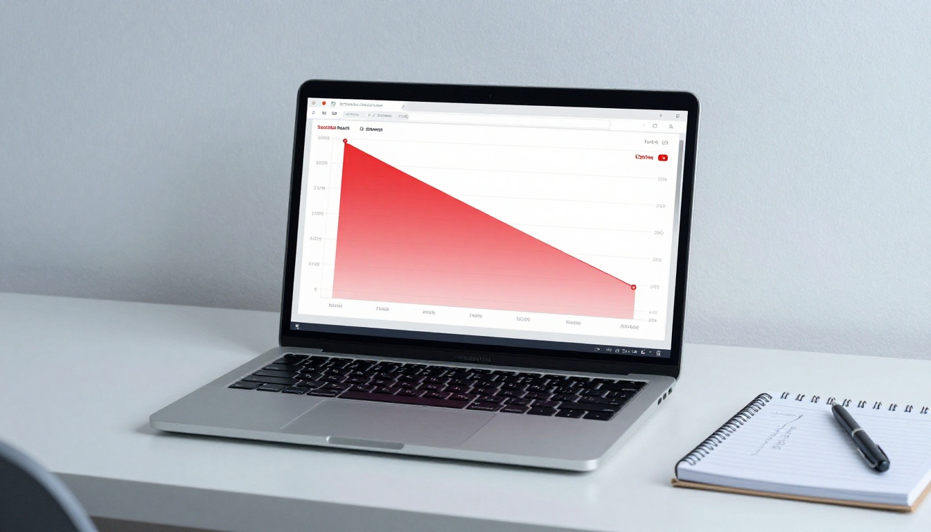 A sleek laptop displaying an analytics dashboard with a steep conversion funnel showing high impressions but near-zero sales