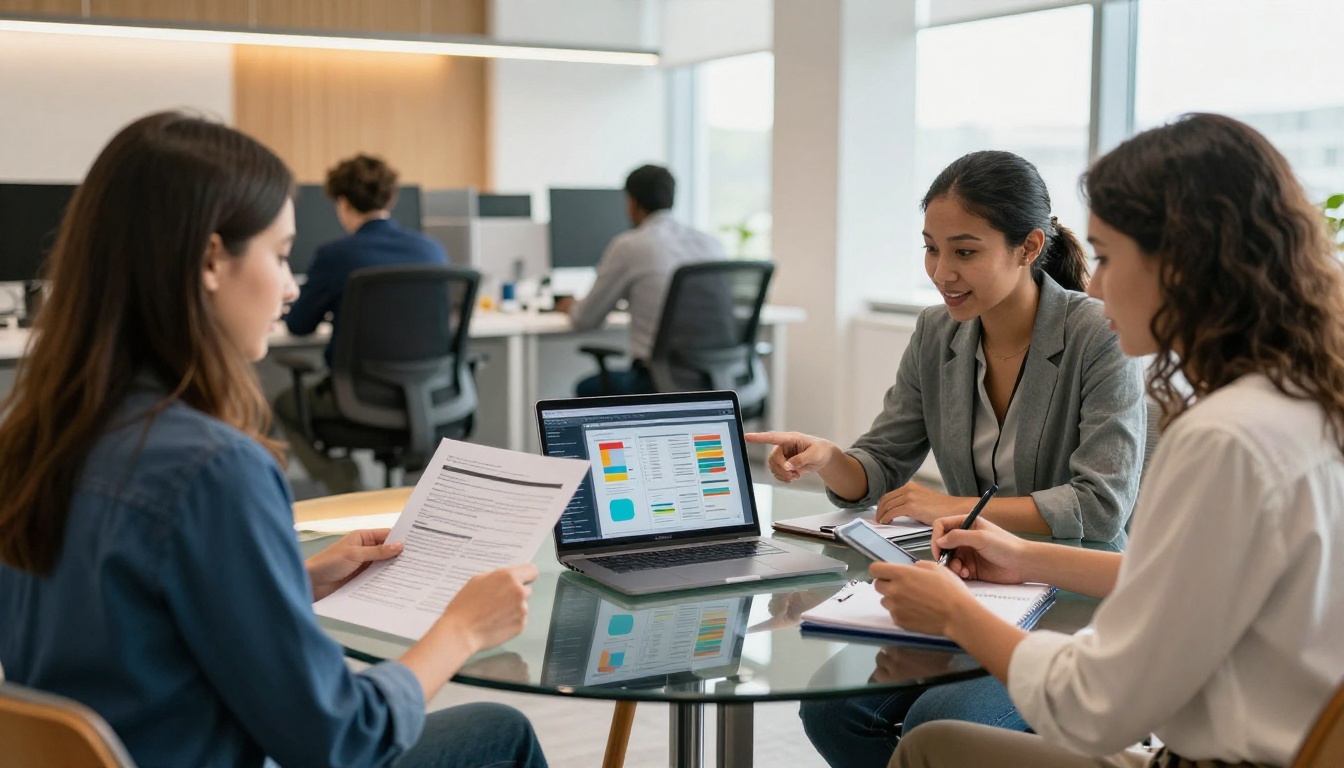 Marketing team reviewing a digital flipbook on a conference room laptop