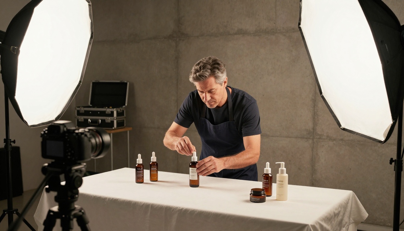 A professional product photographer carefully arranging luxury skincare products on a white seamless background in a photography studio