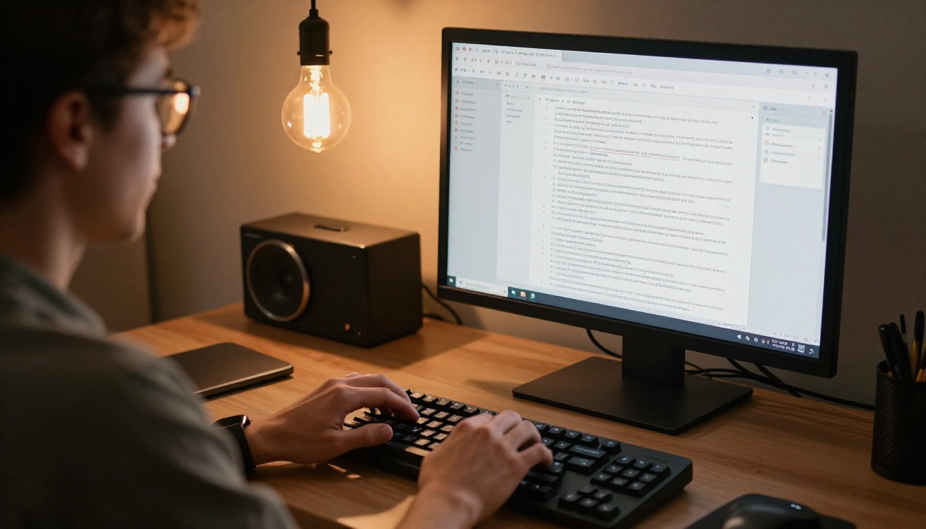 Content writer typing a long-form article at a standing desk with multiple research tabs open