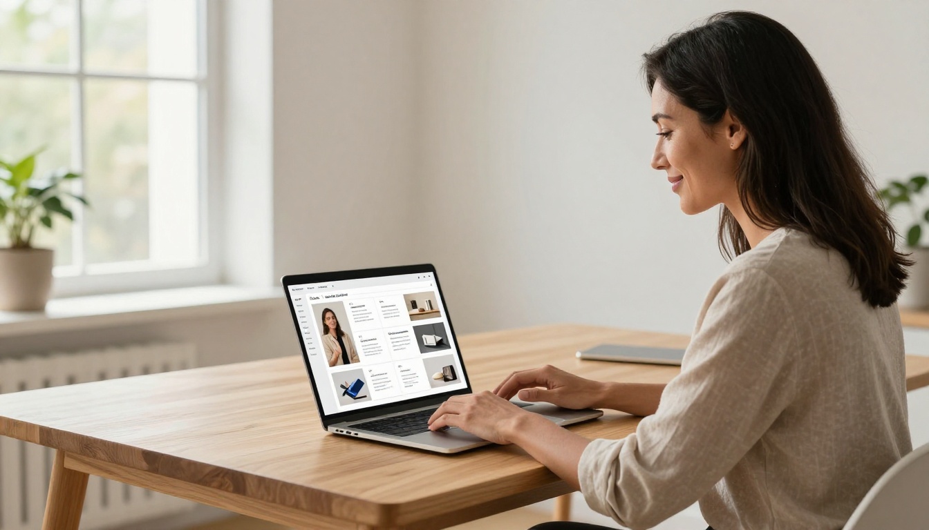 A mid-thirties woman with olive skin smiling while browsing a beautifully designed digital flipbook catalog on her laptop