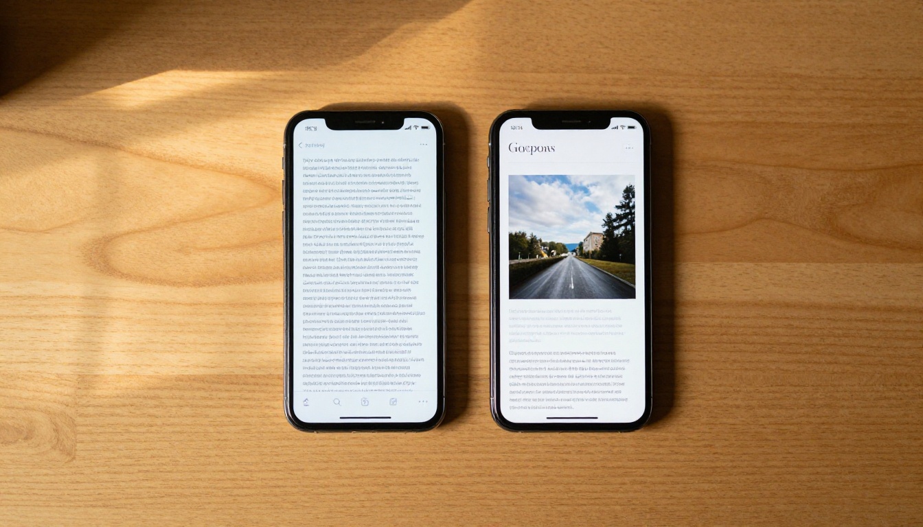 Two smartphones side by side comparing a blog post layout versus a flipbook page Two smartphones side by side comparing a blog post layout versus a flipbook page