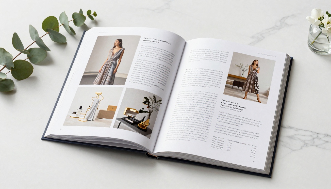 A premium product catalog spread open on a Carrara marble surface showing luxury fashion photography and elegant typography