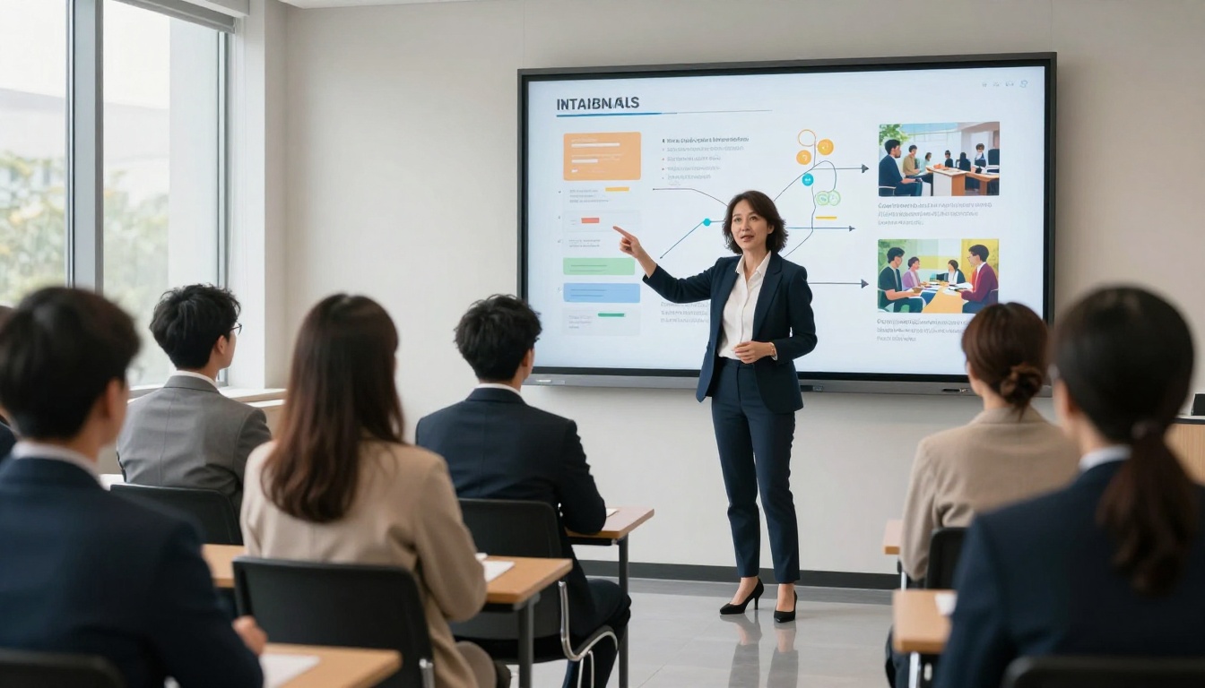 Educator presenting an interactive digital flipbook on a large wall display to adult learners Educator presenting an interactive digital flipbook on a large wall display to adult learners