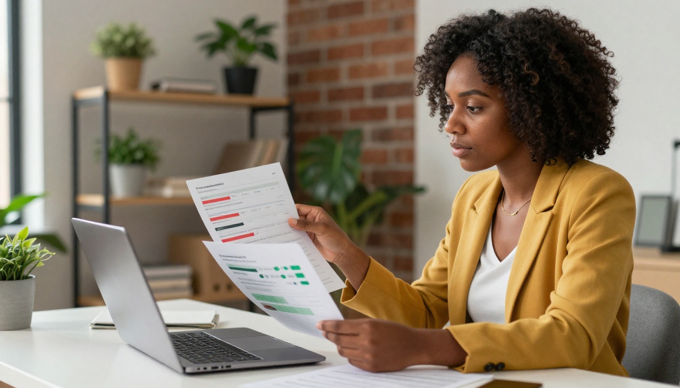 A Black woman business owner in a mustard blazer comparing social media thread metrics against digital catalog performance on her laptop