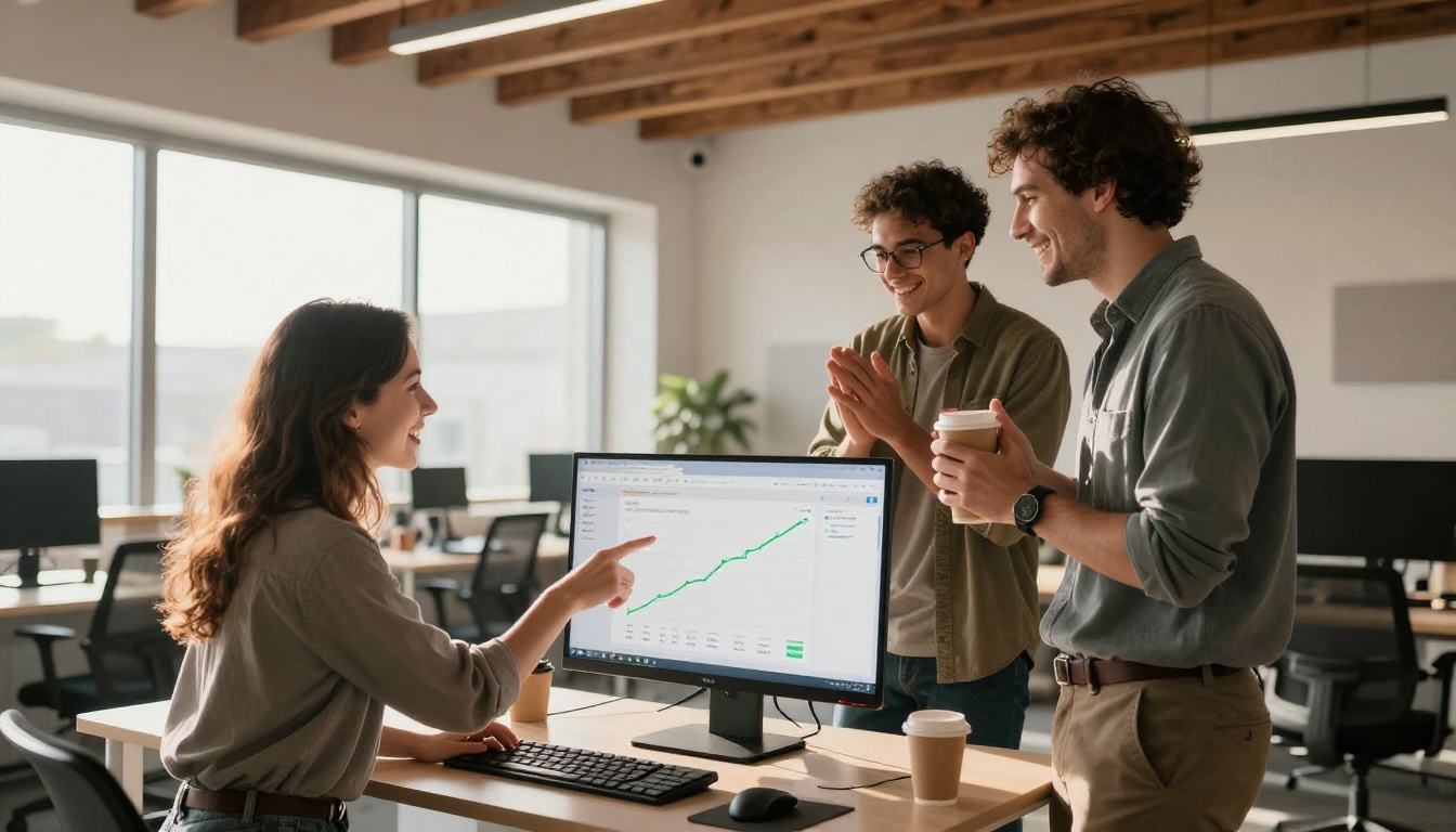 A diverse marketing team of three celebrating in a bright modern office as a sales dashboard shows a rising revenue line
