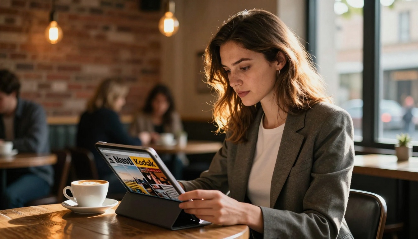 Woman reading a flipbook magazine on an iPad in a warm cafe setting