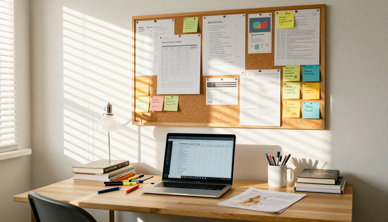Content strategist workspace with mood board, analytics printouts, and content planning materials on desk Content strategist workspace with mood board, analytics printouts, and content planning materials on desk