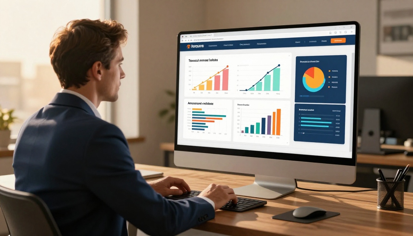 Executive reviewing an interactive annual report on a large desktop monitor Executive reviewing an interactive annual report on a large desktop monitor