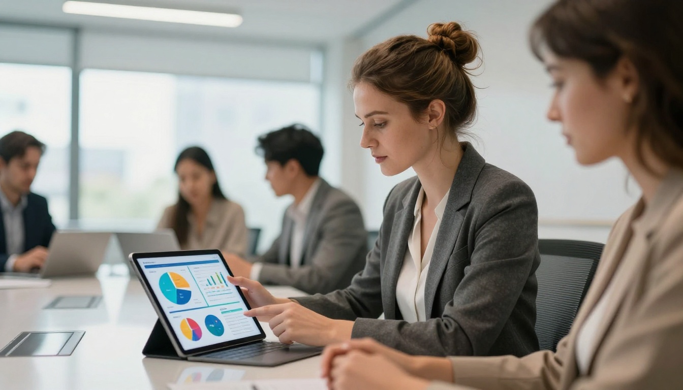 Businesswoman presenting a flipbook report on tablet to colleagues in a meeting room Businesswoman presenting a flipbook report on tablet to colleagues in a meeting room