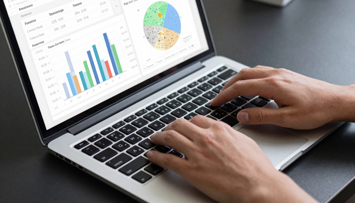 Hands typing on laptop showing analytics dashboard with page view metrics and charts Hands typing on laptop showing analytics dashboard with page view metrics and charts