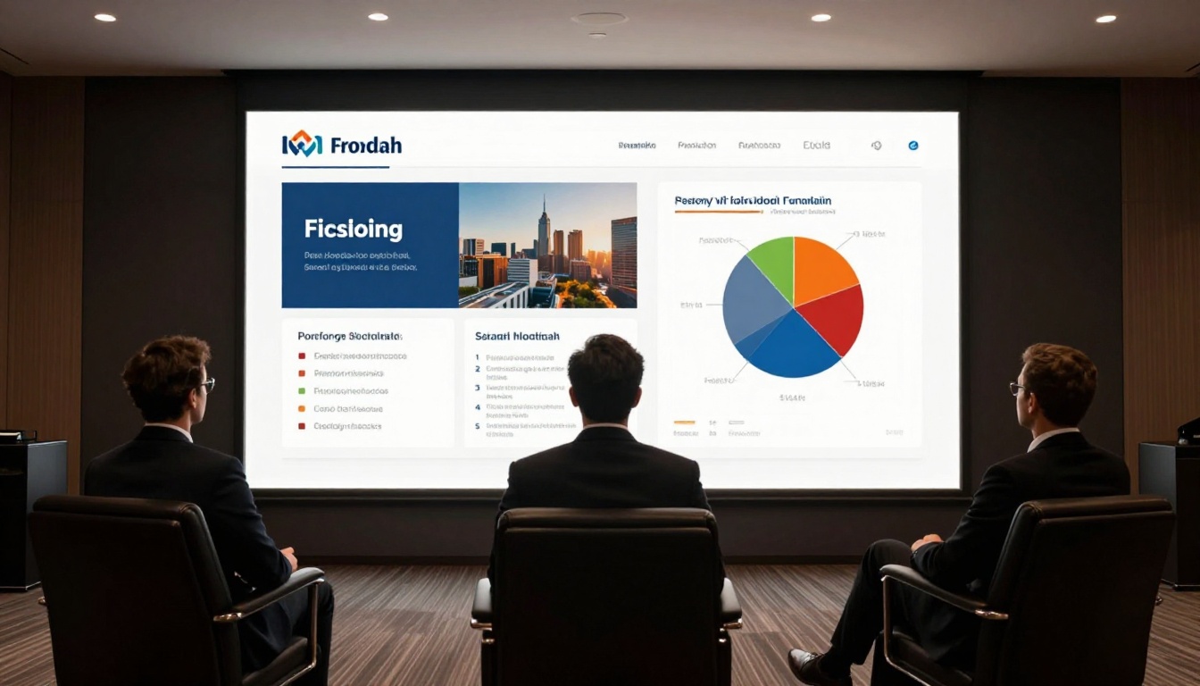 Boardroom LED screen displaying a branded flipbook report to silhouetted executives