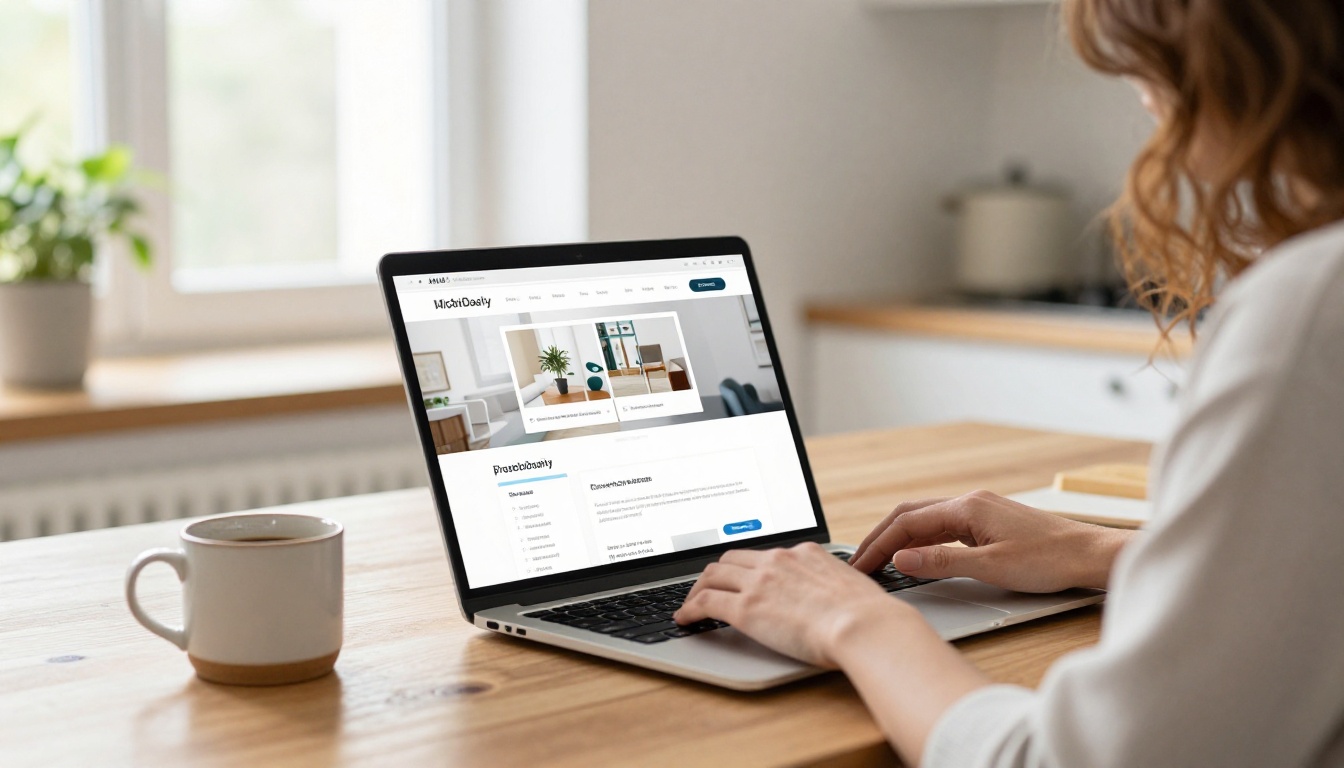 Woman working from home with a professionally embedded flipbook report on laptop screen