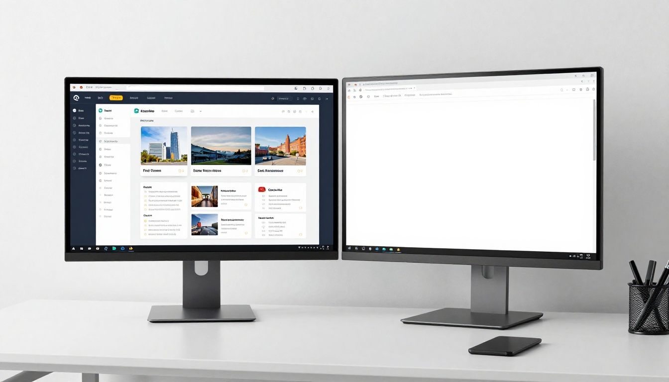 Widescreen monitor showing a split comparison of flipbook and slide viewer interfaces