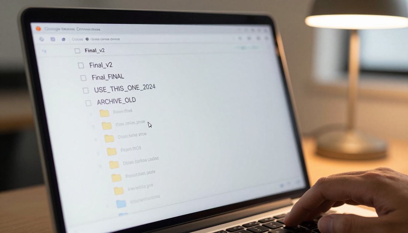 Close-up of a laptop showing nested cloud folder confusion with misnamed directories